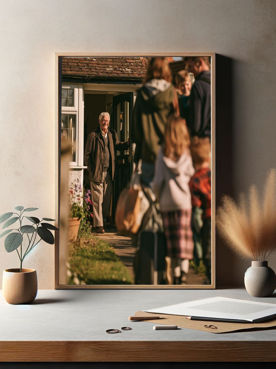 Smiling Man at Door Photography Poster. — room view 2