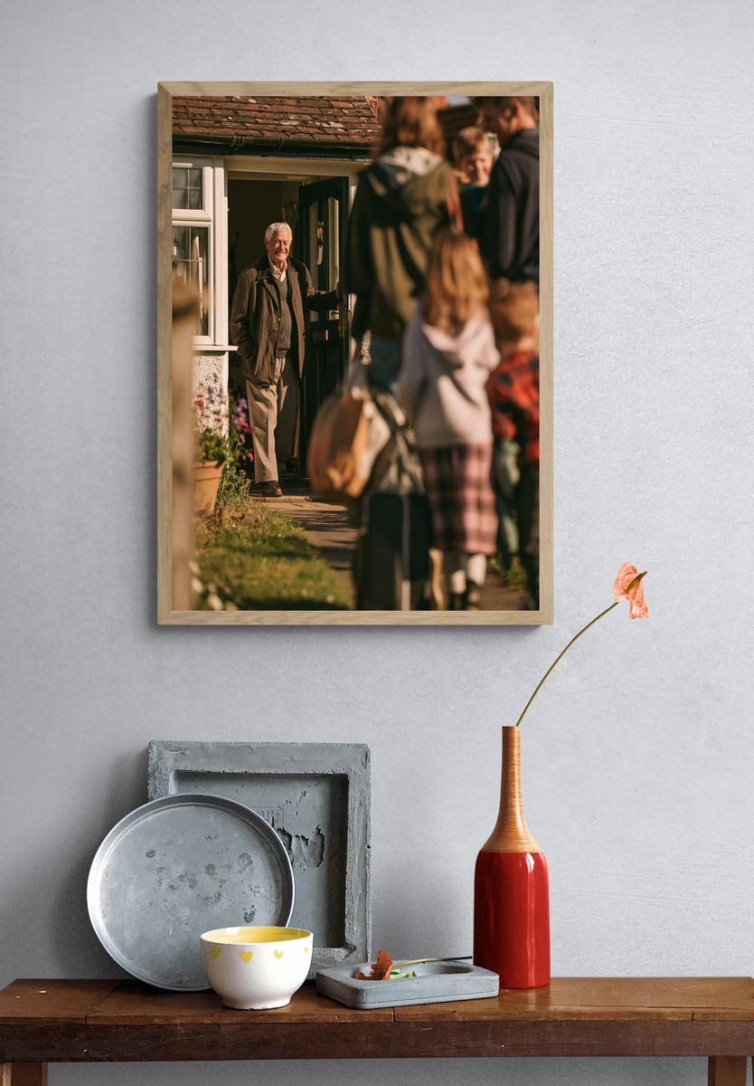 Smiling Man at Door Photography Poster. — room view 3