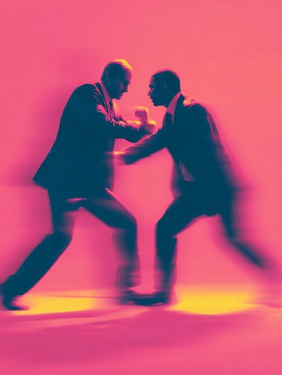 Neon Suit Duel Photography Poster. poster print