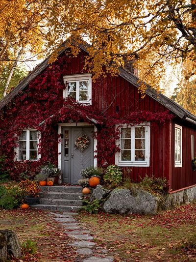 Autumn Cottage in the Woods Poster. poster