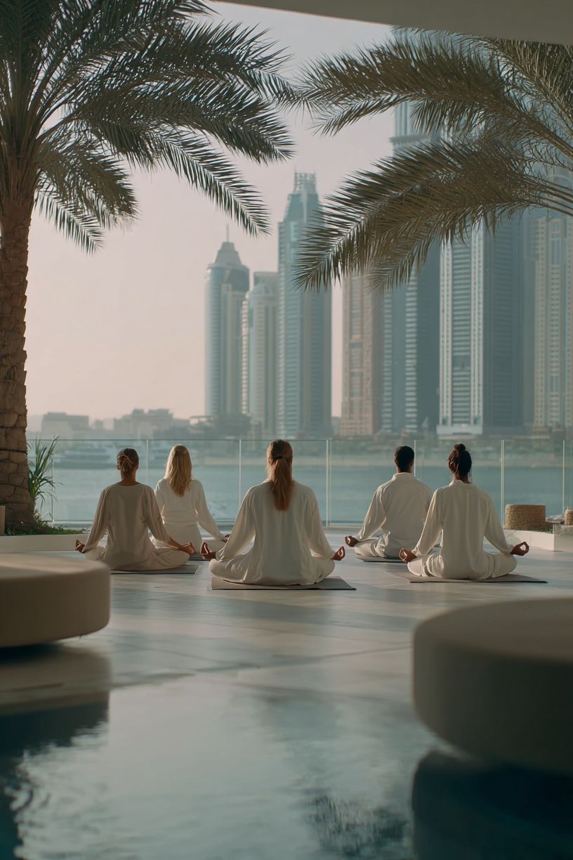 Dubai Waterfront Yoga Photography Poster. poster detail