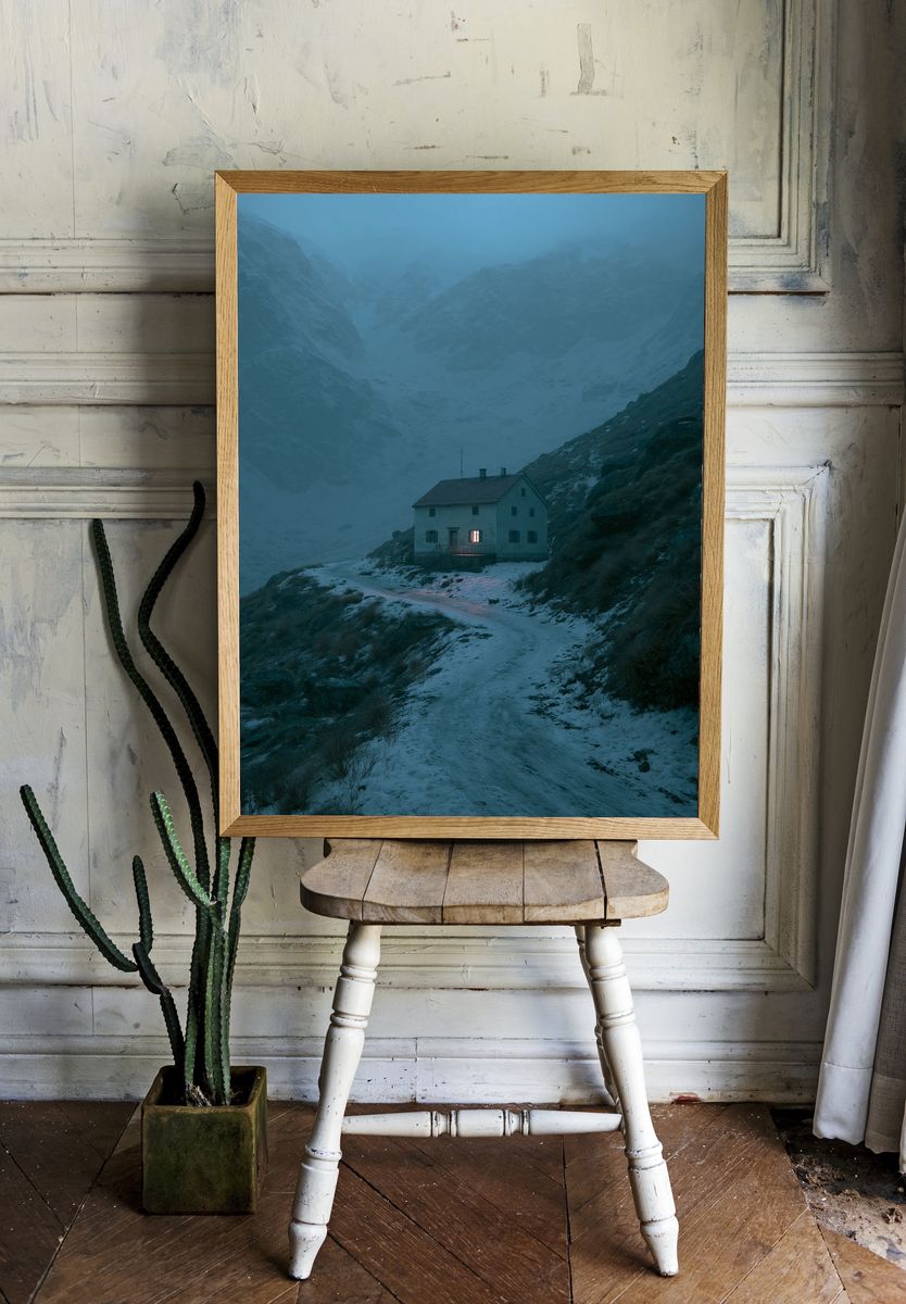 Misty Mountain Cabin Photography Poster. room preview