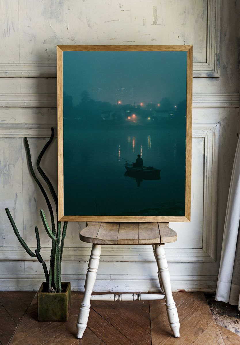 Foggy Fisherman at Dusk Poster. room preview