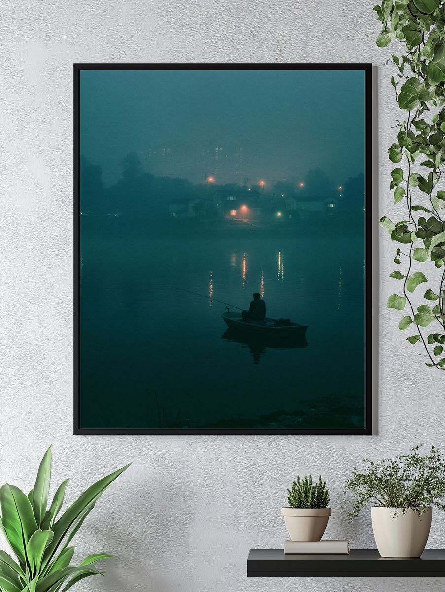 Foggy Fisherman at Dusk Poster. — room view 4