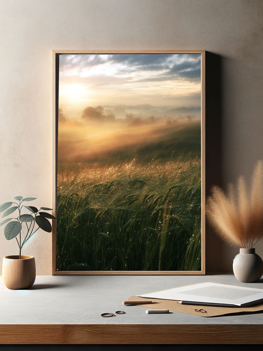Misty Sunrise Meadow Photography Poster. — room view 2