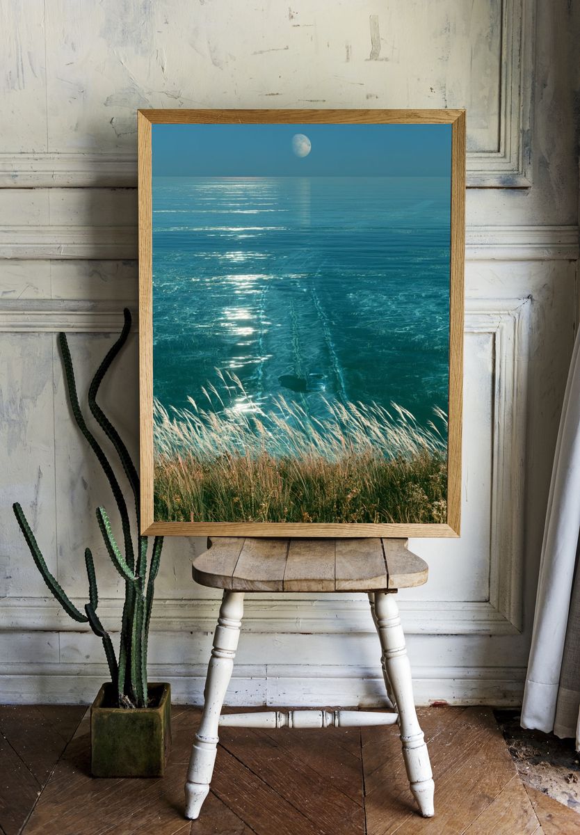 Moonlit Ocean Horizon Print. — room view 1