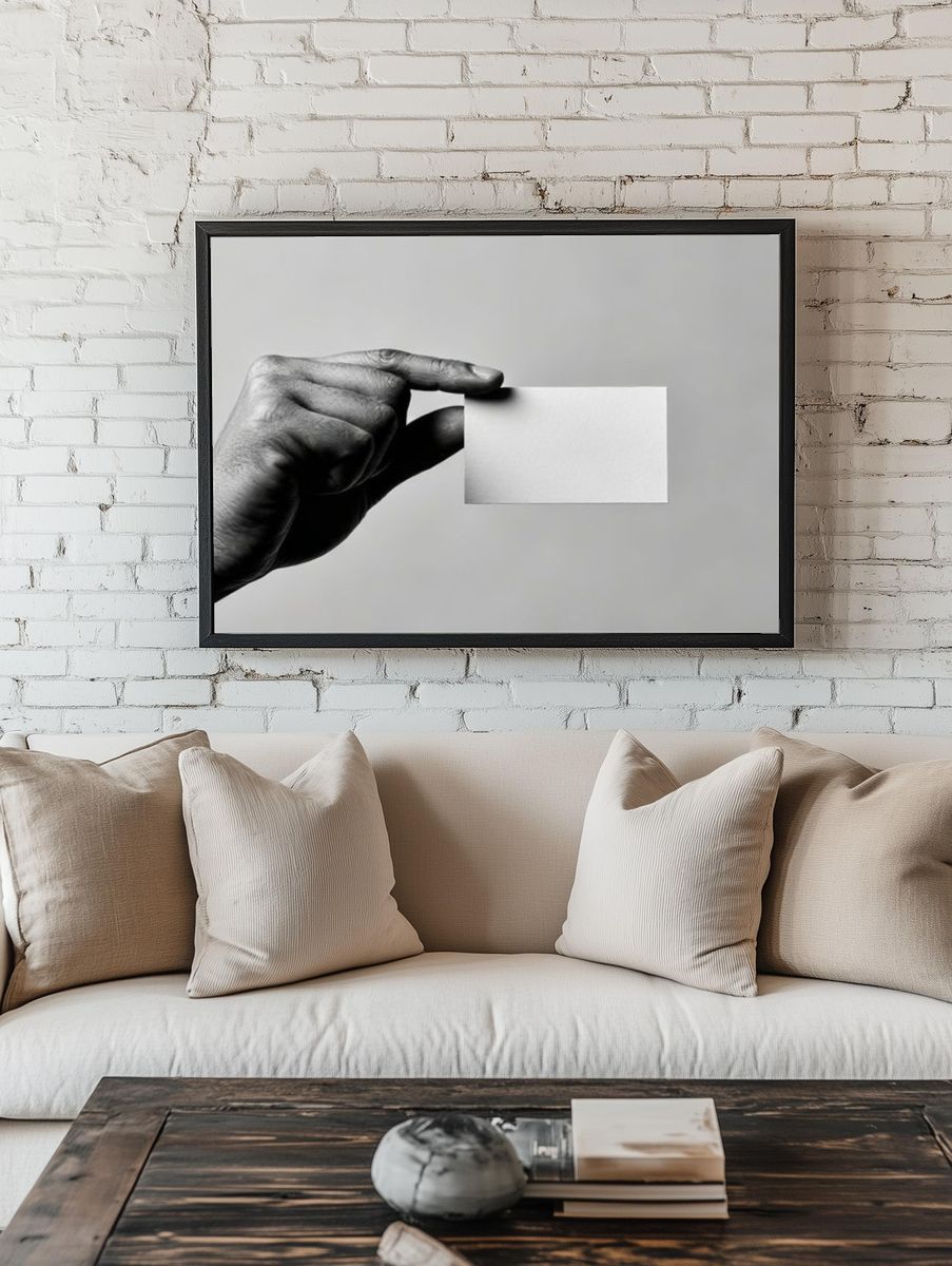 Hand Holding Blank Card Black-White Poster. — room view 1