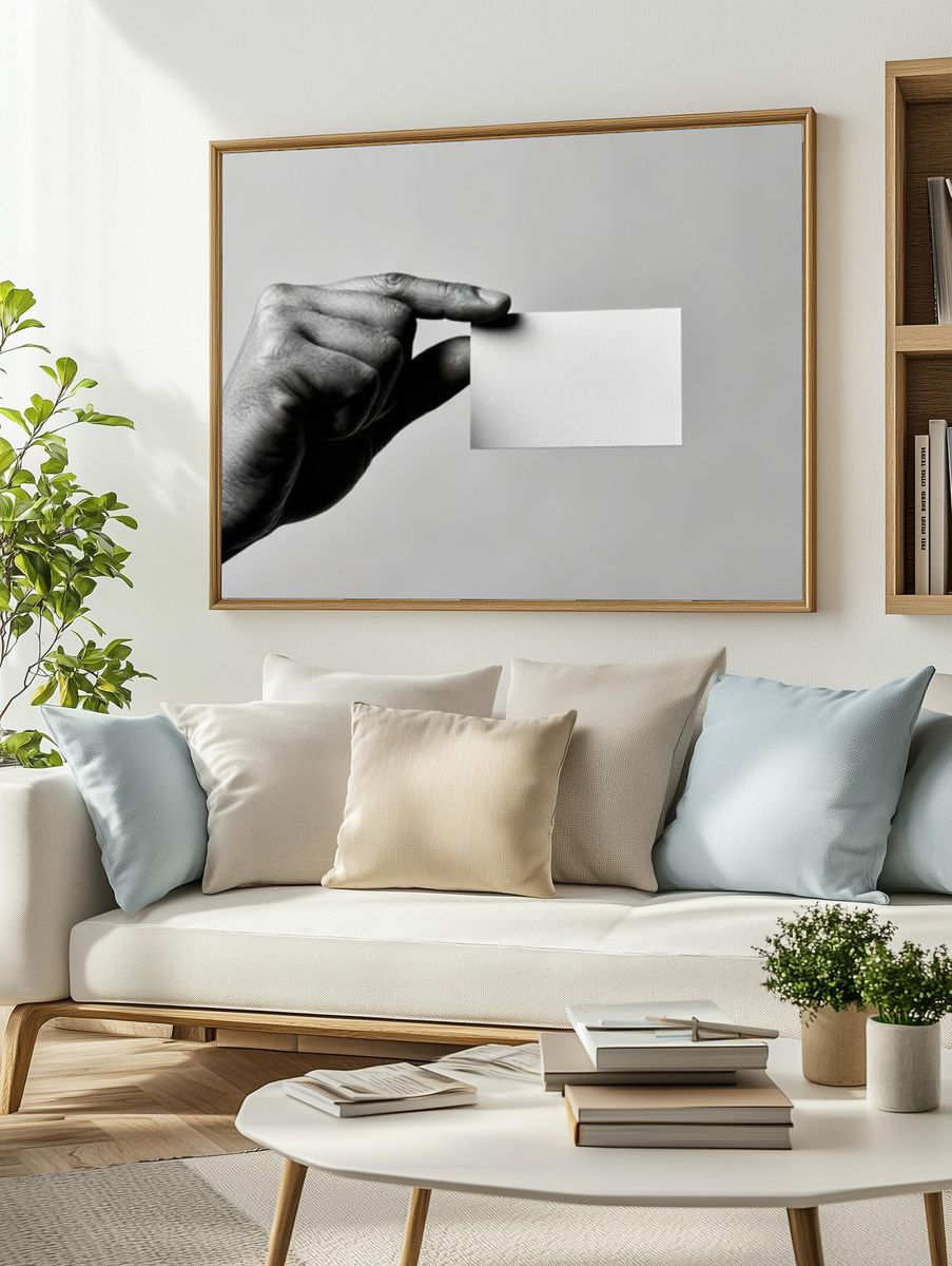 Hand Holding Blank Card Black-White Poster. — room view 2