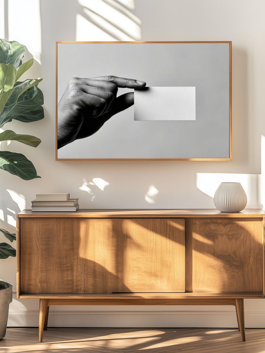 Hand Holding Blank Card Black-White Poster. — room view 3
