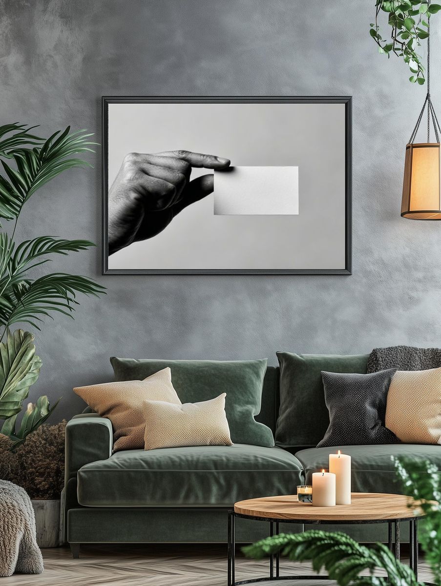 Hand Holding Blank Card Black-White Poster. — room view 4