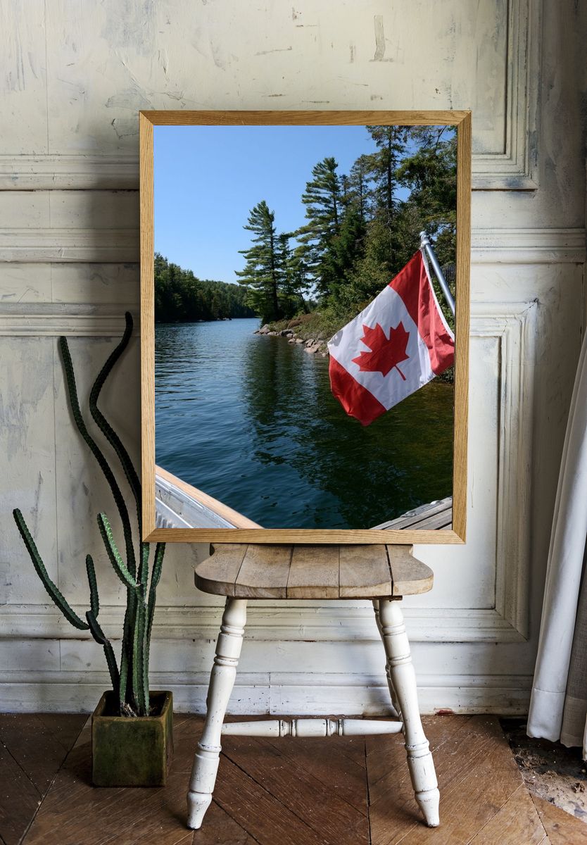 Canadian Lakeside Flag Photography Poster. — room view 1