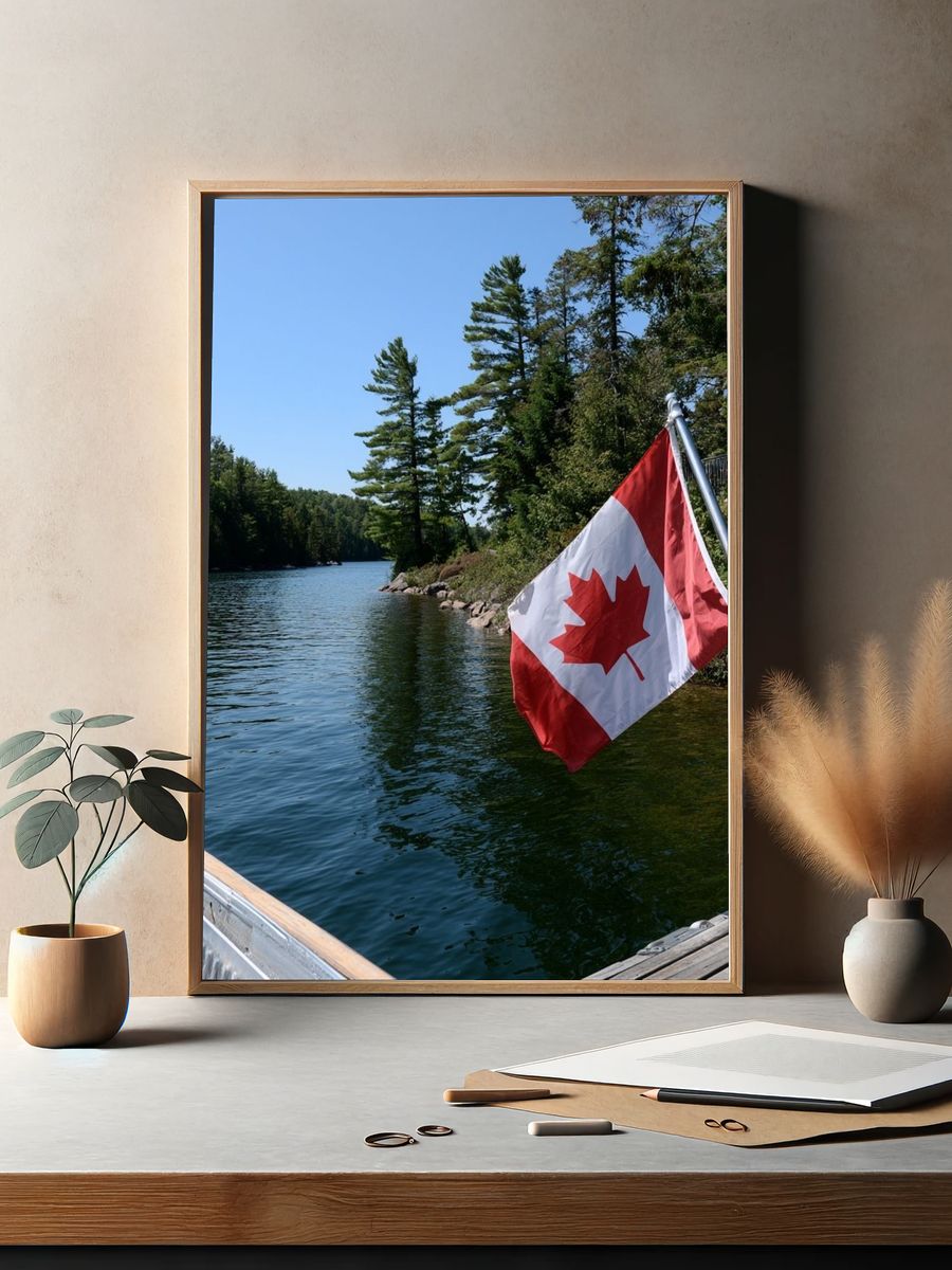 Canadian Lakeside Flag Photography Poster. — room view 2