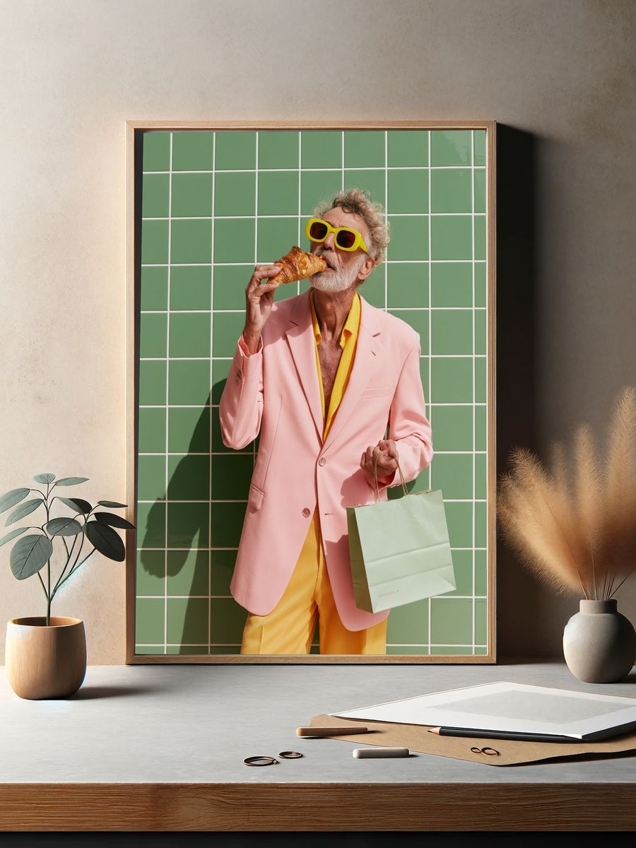 Stylish Man with Croissant Photography Poster. — room view 2