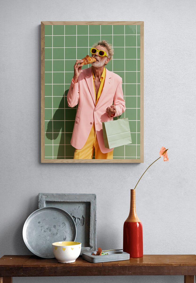 Stylish Man with Croissant Photography Poster. — room view 3