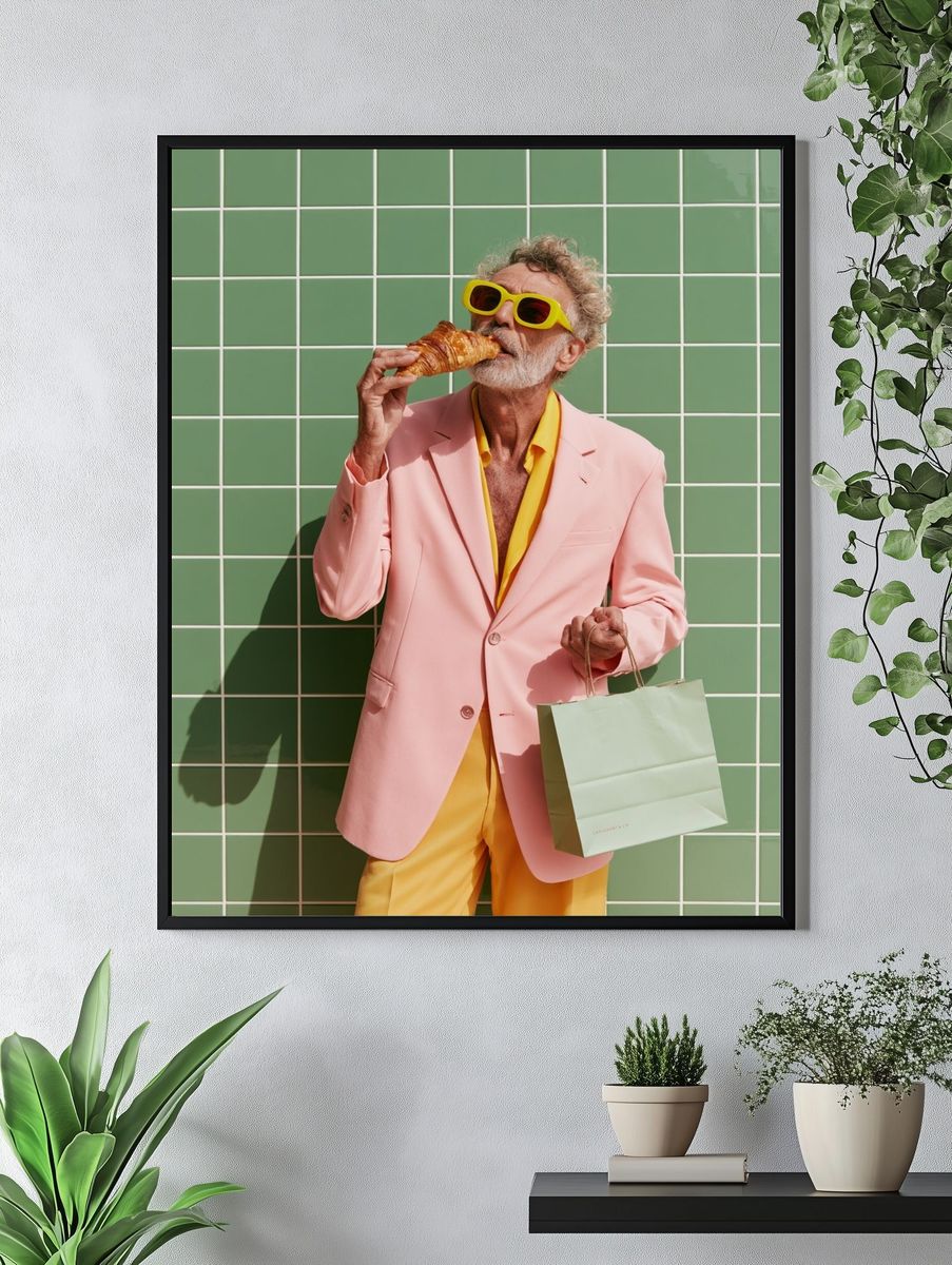Stylish Man with Croissant Photography Poster. — room view 4