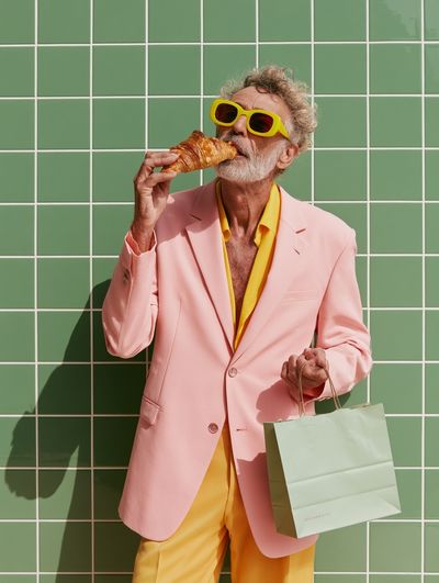 Stylish Man with Croissant Photography Poster. poster
