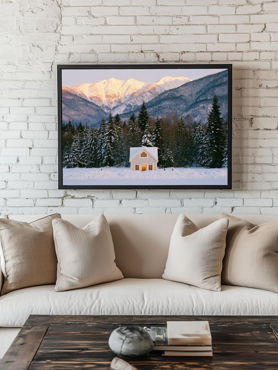 Snowy Mountain Cabin Photography Poster. — room view 1