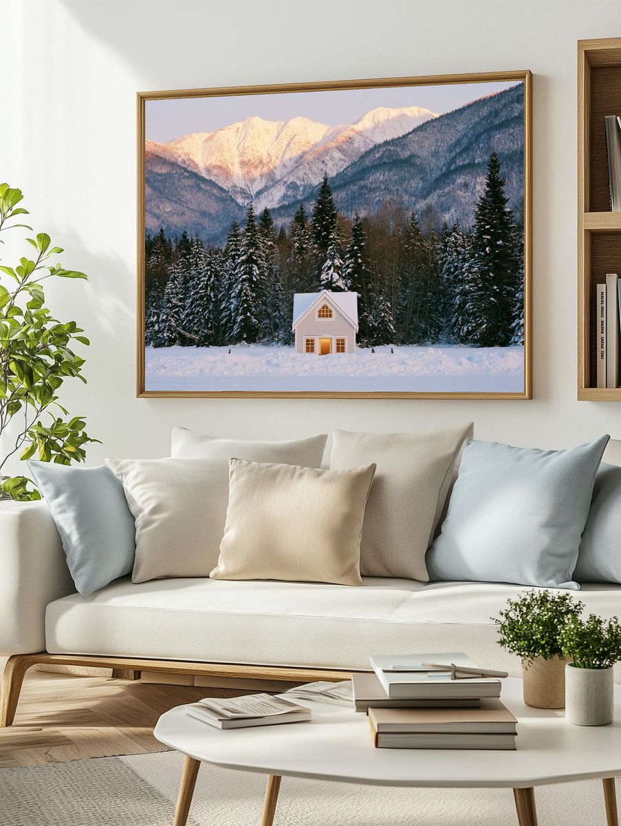 Snowy Mountain Cabin Photography Poster. — room view 2