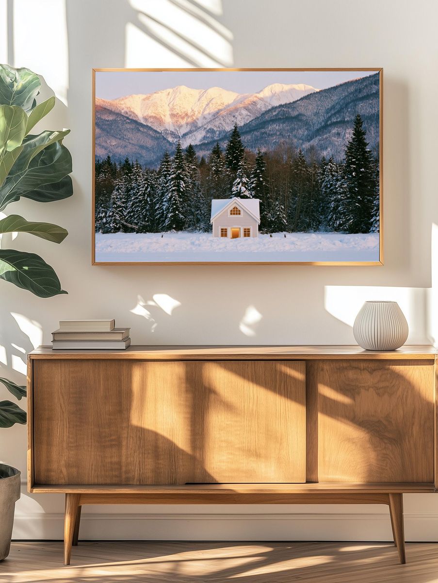 Snowy Mountain Cabin Photography Poster. — room view 3