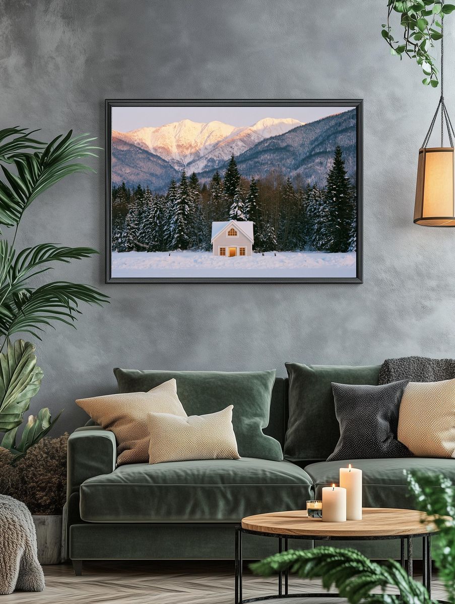 Snowy Mountain Cabin Photography Poster. — room view 4