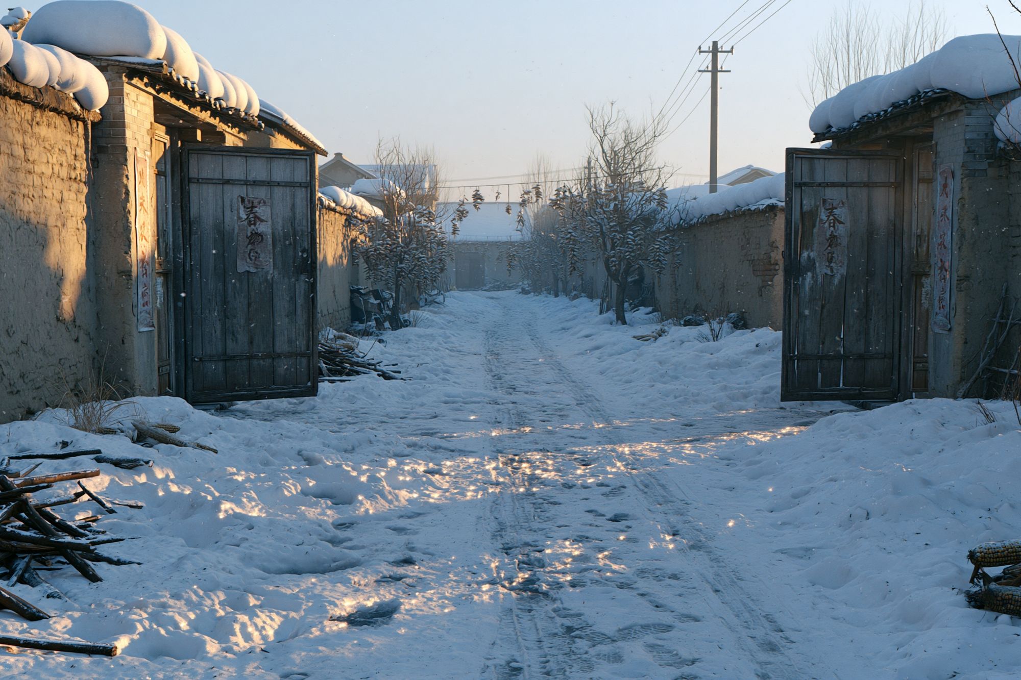 Snowy Village Lane Photography Poster. poster detail