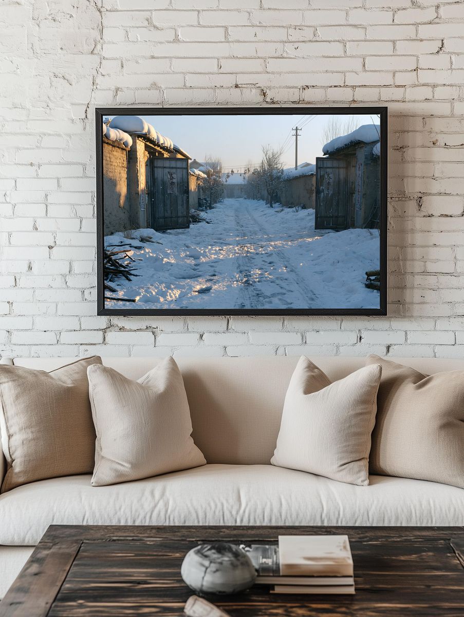 Snowy Village Lane Photography Poster. — room view 1