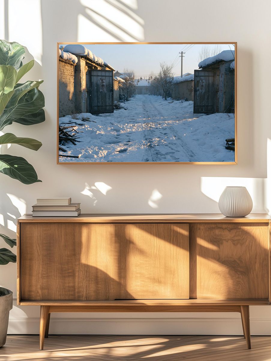 Snowy Village Lane Photography Poster. — room view 3