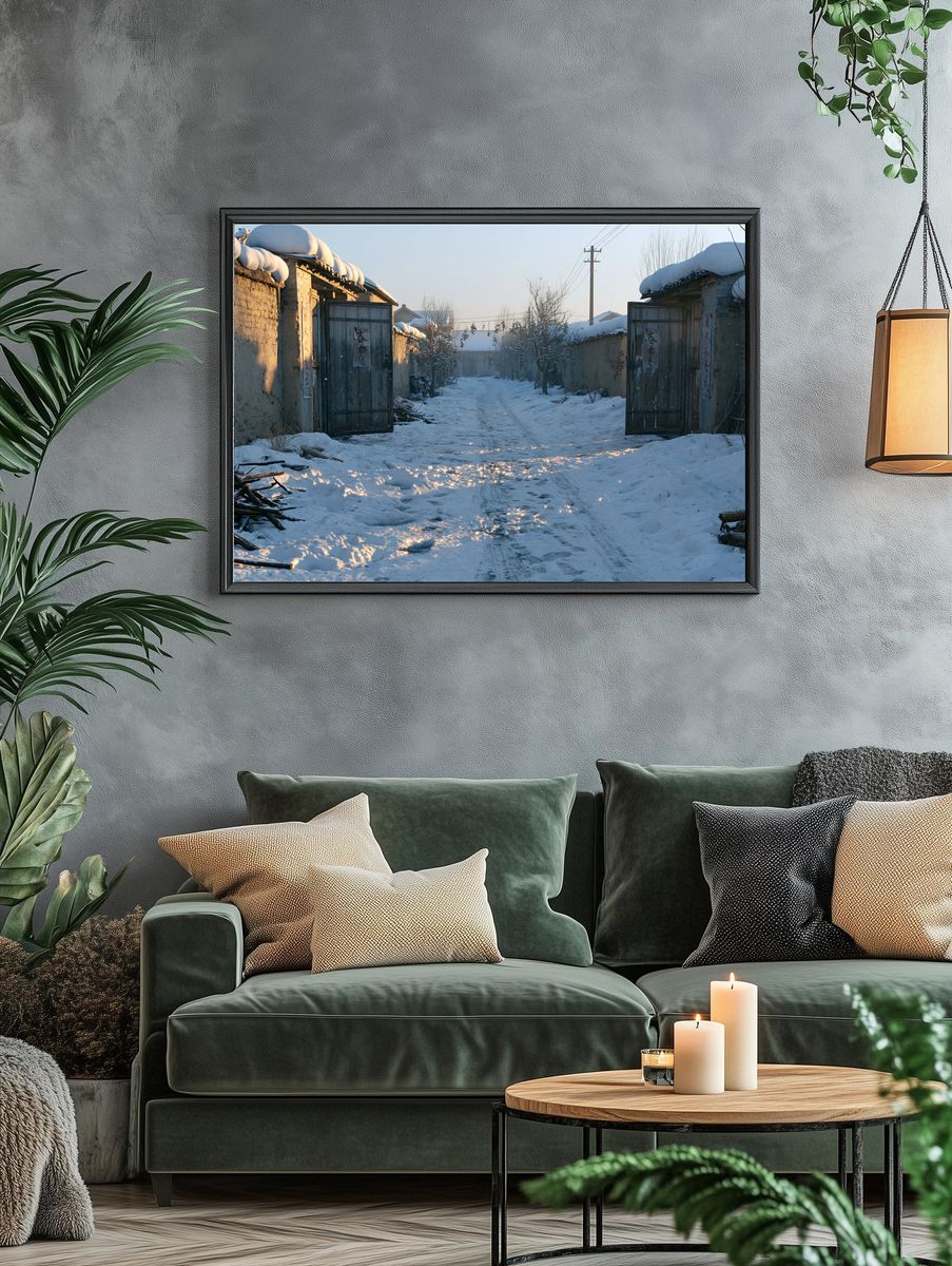 Snowy Village Lane Photography Poster. — room view 4