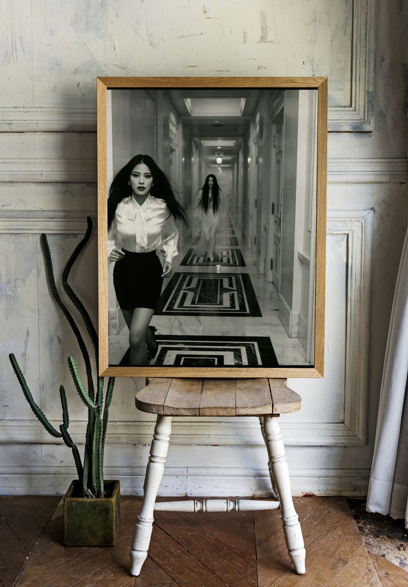Monochrome Hallway Portrait Print. room preview