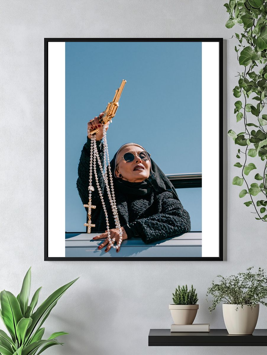 Nun with Gold Gun Photography Poster. — room view 4