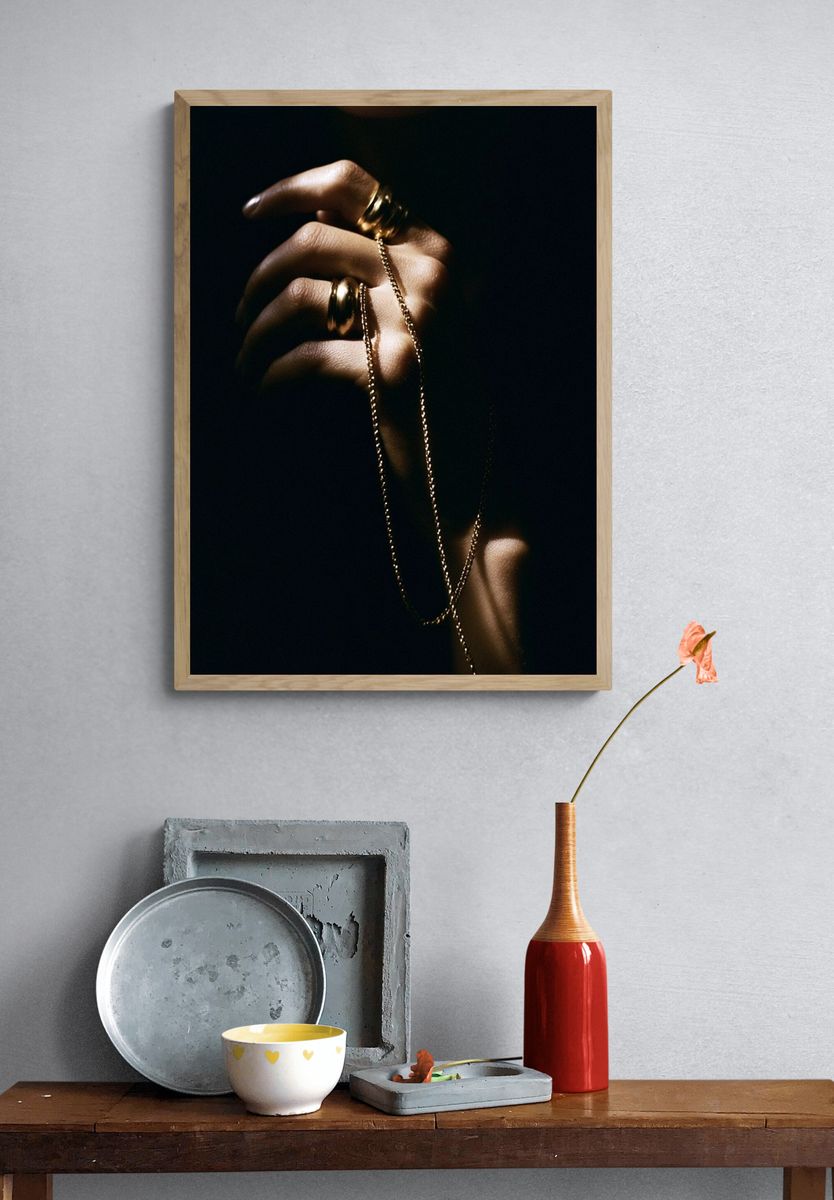 Golden Hand Jewelry Portrait Print. — room view 3