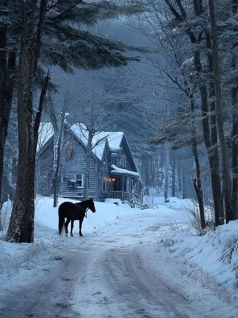 Snowy Cabin with Horse Winter Poster. poster — photography art