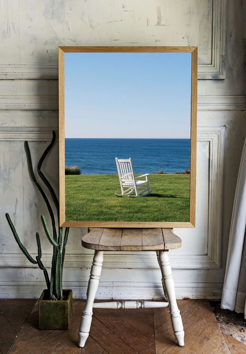 Oceanfront Rocking Chair Photography Poster. room preview