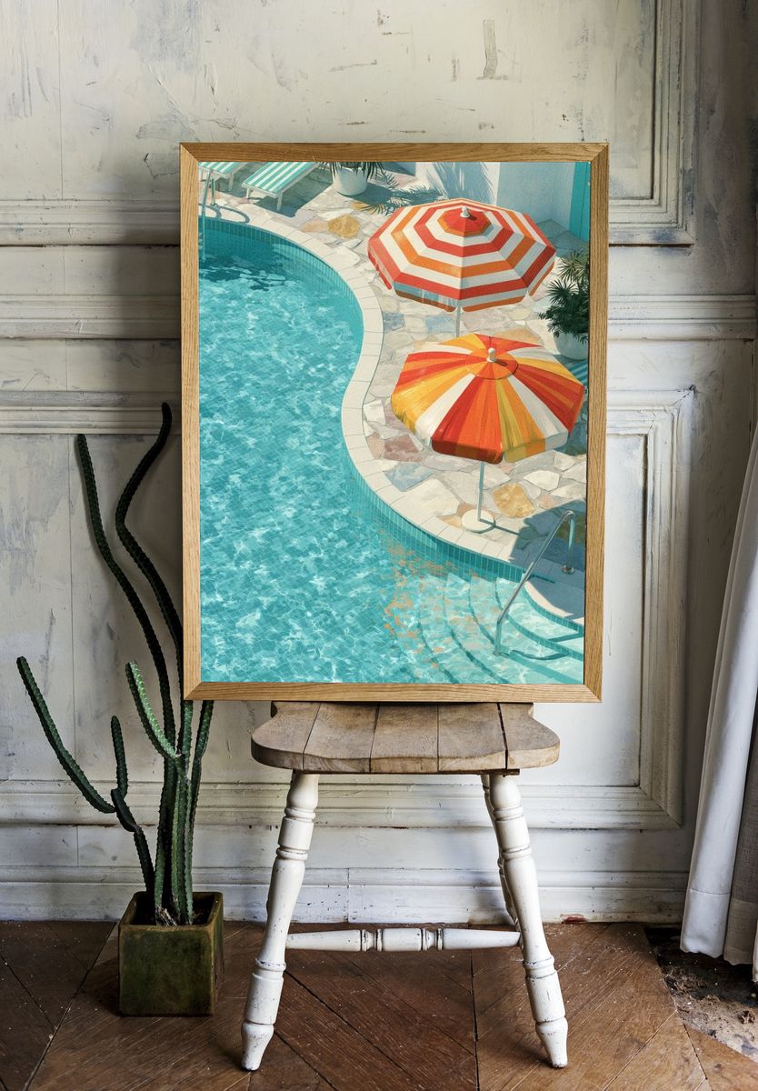 Poolside Umbrellas Photography Poster. room preview