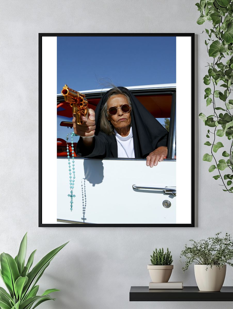 Nun with Revolver Photography Poster. — room view 4