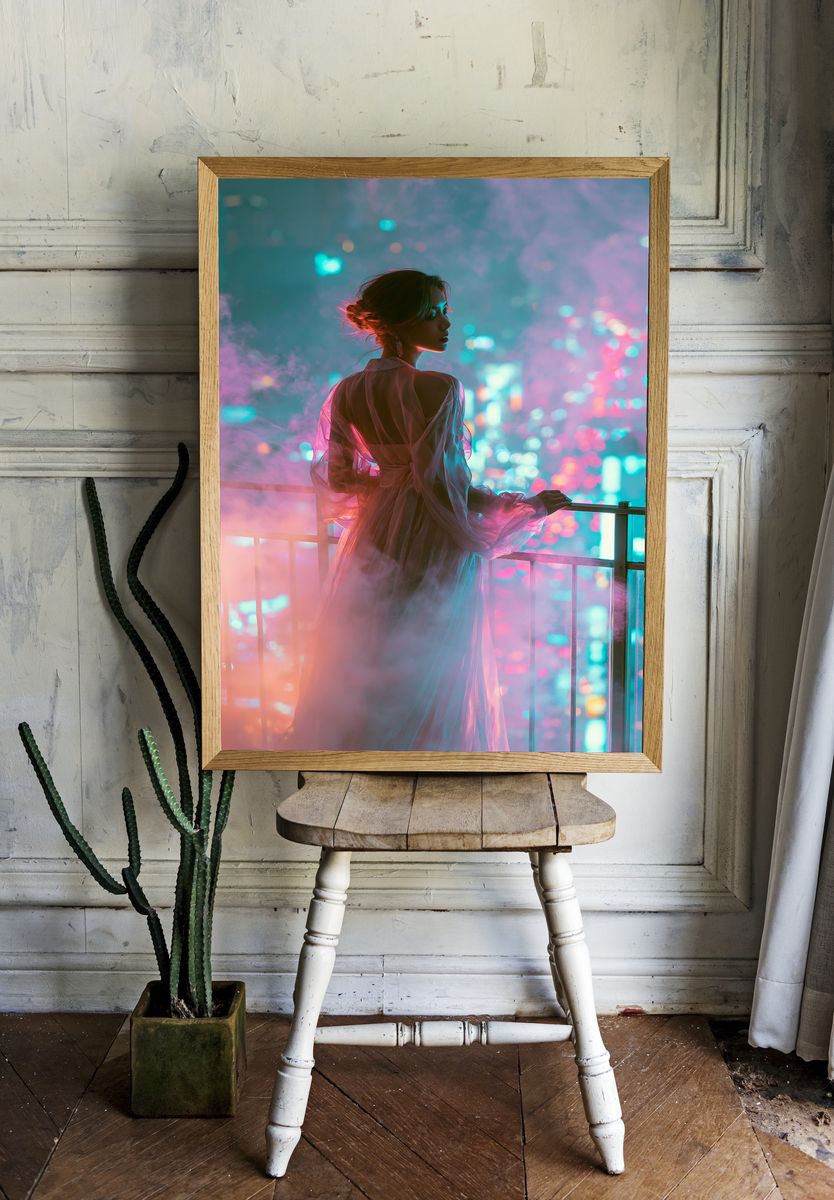 Neon Balcony Portrait Photography Poster. — room view 1