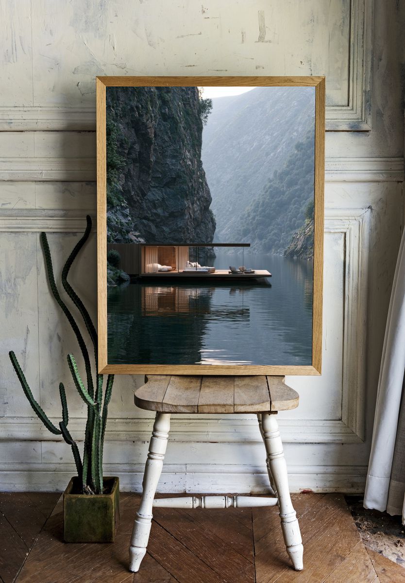 Cliffside Lake Retreat Photography Poster. — room view 1