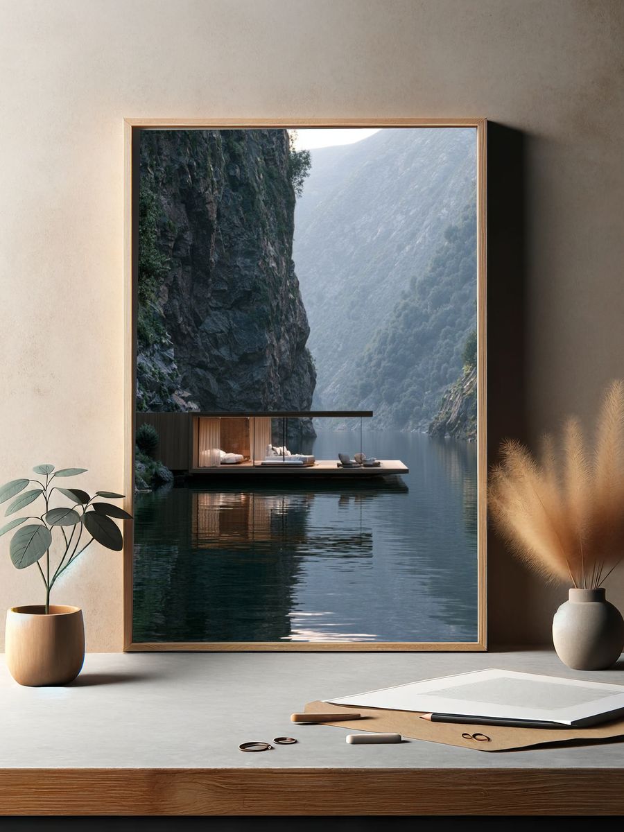 Cliffside Lake Retreat Photography Poster. — room view 2