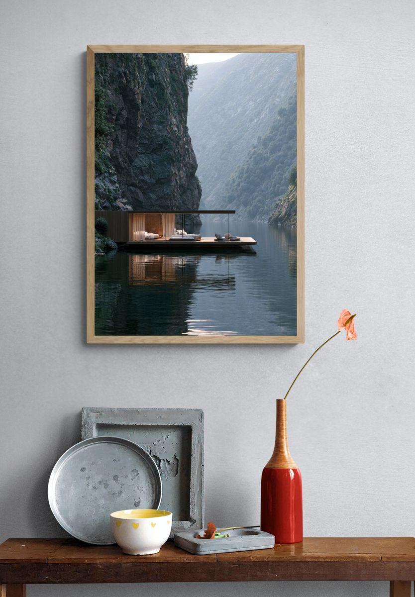 Cliffside Lake Retreat Photography Poster. — room view 3