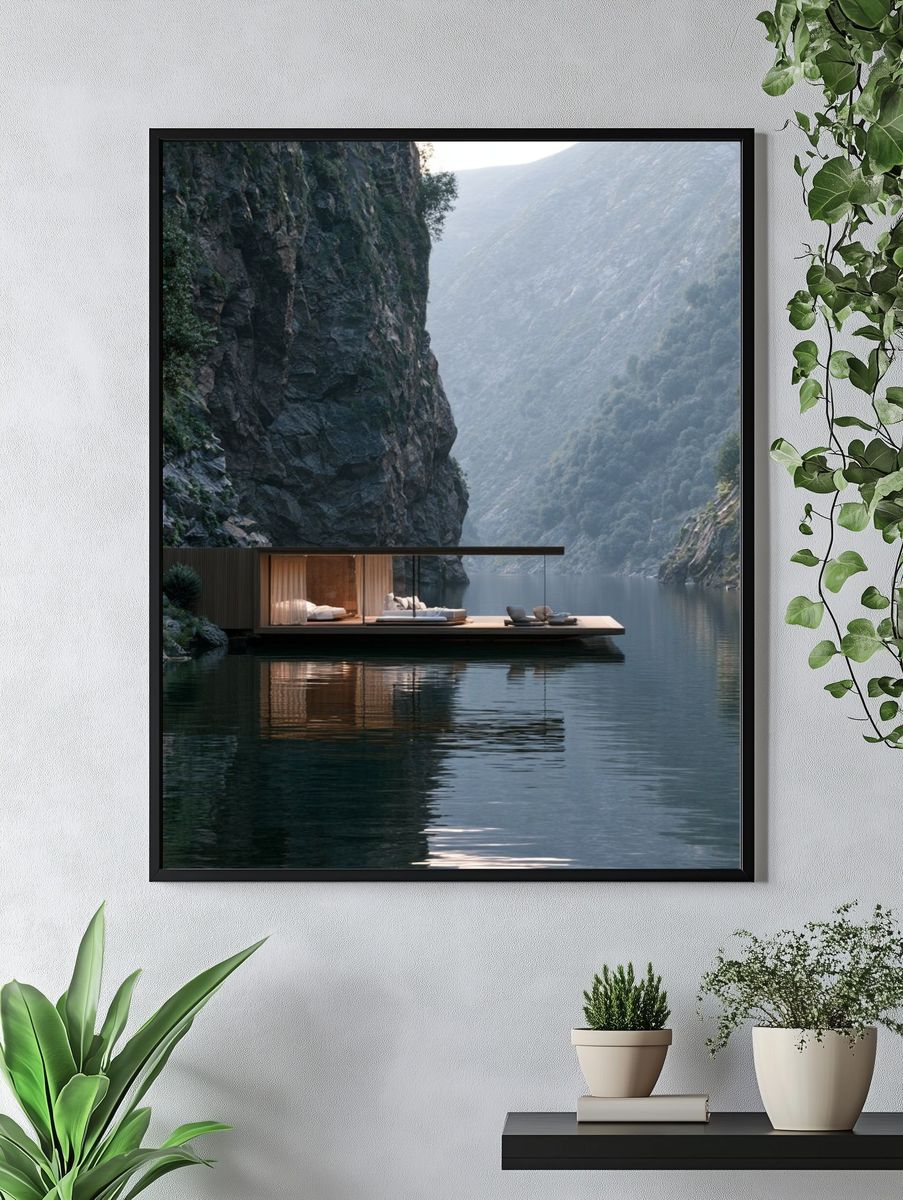 Cliffside Lake Retreat Photography Poster. — room view 4