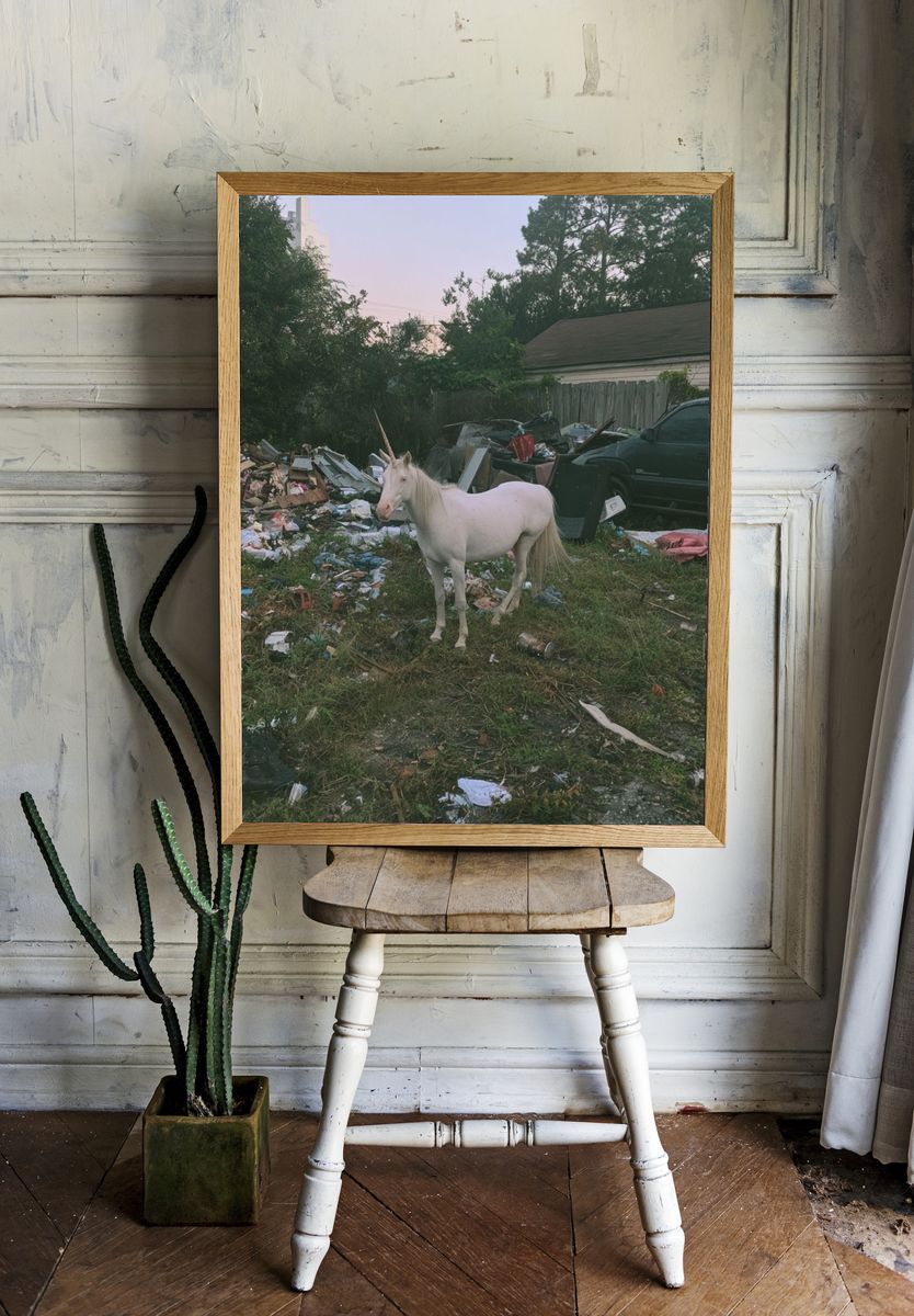 White Unicorn in Junkyard Photography Poster. — room view 1