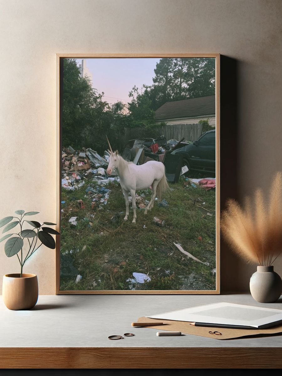 White Unicorn in Junkyard Photography Poster. — room view 2