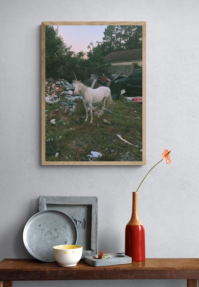 White Unicorn in Junkyard Photography Poster. — room view 3