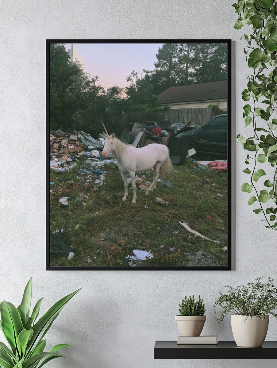 White Unicorn in Junkyard Photography Poster. — room view 4