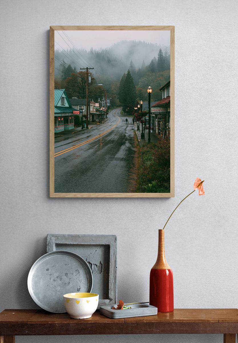 Misty Mountain Town Street Poster. — room view 3