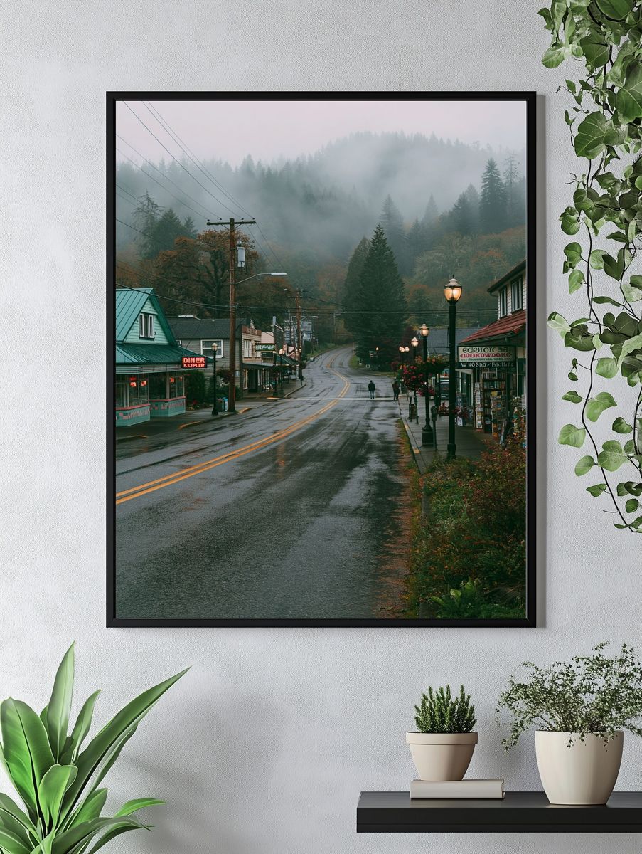 Misty Mountain Town Street Poster. — room view 4