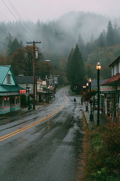 Misty Mountain Town Street Poster. poster print