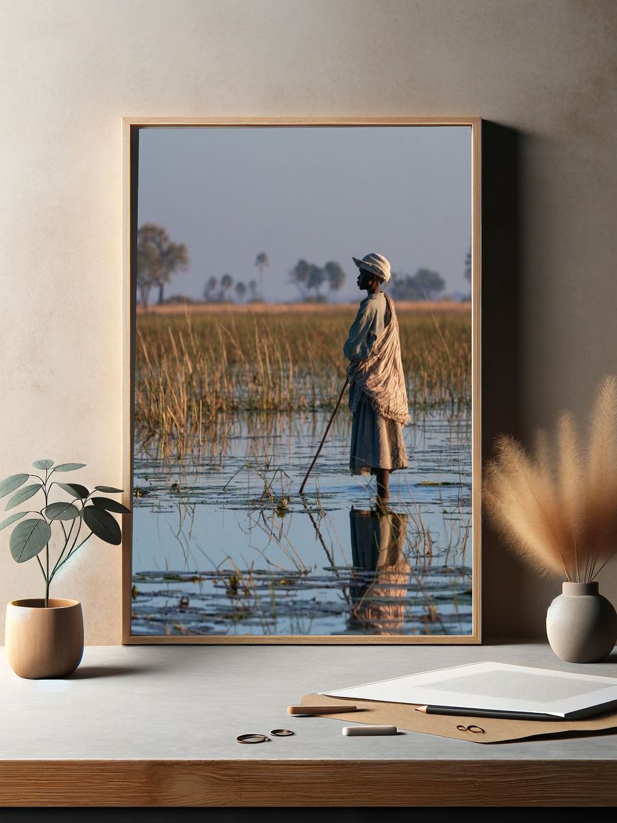 Wetland Fisherman Photography Poster. — room view 2