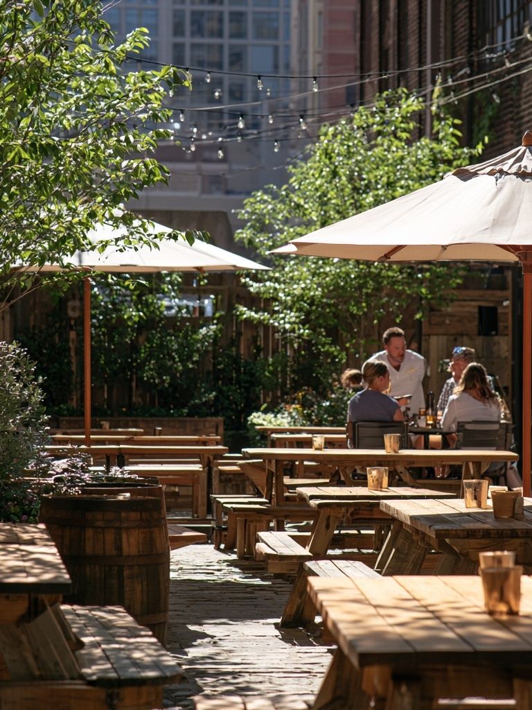 Sunlit Courtyard Cafe Photography Poster. poster detail