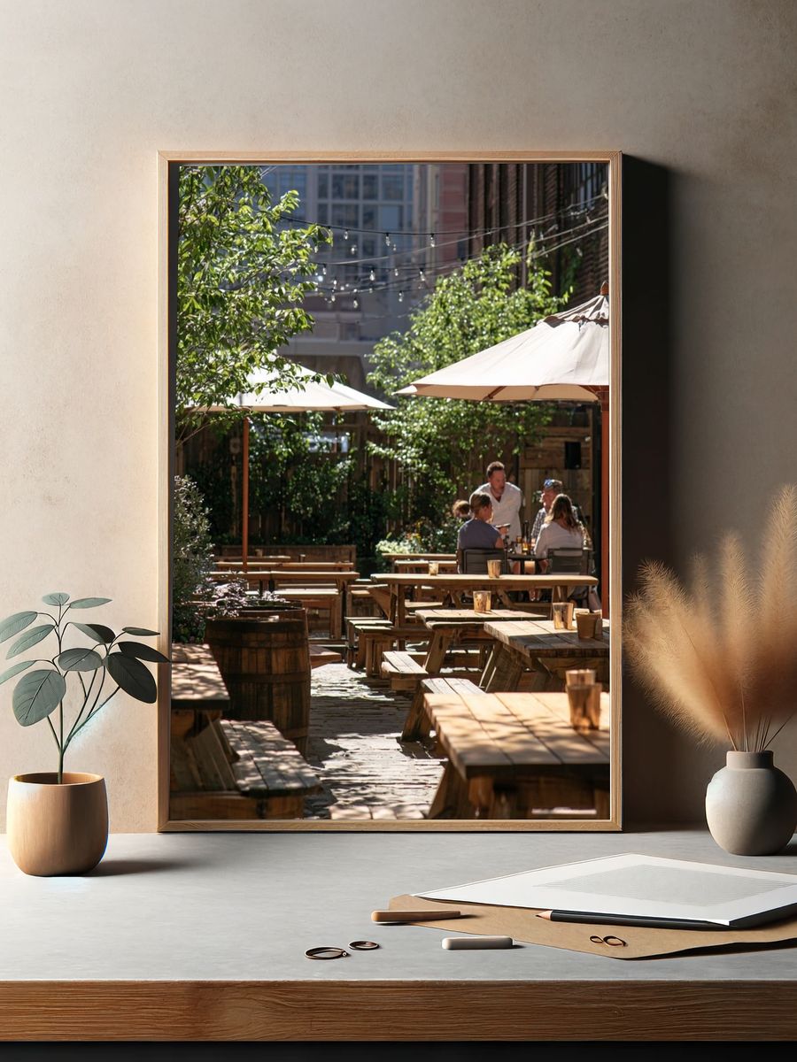 Sunlit Courtyard Cafe Photography Poster. — room view 2